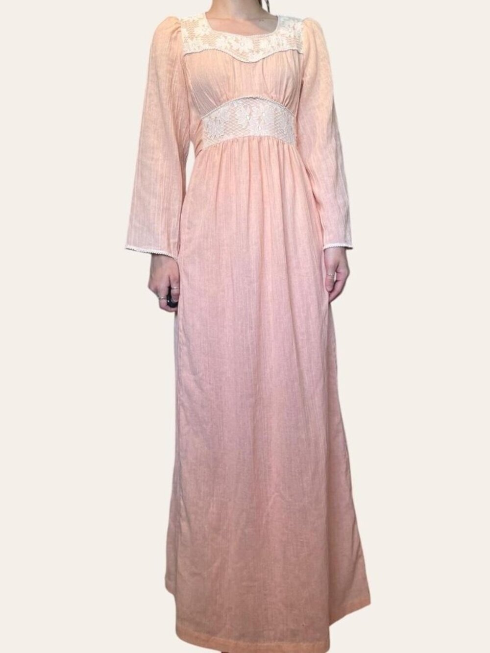 Handmade 70s vintage peach lace cottagecore maxi dress - XS/Small/Medium